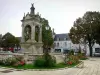 Châteaudun - Monumentale fontein op de Place du 18 oktober, lamp, bloemen, bomen en huizen
