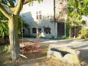 Châteauneuf-de-Mazenc - Plein, met boom en schommel, omzoomd met stenen huizen