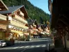 Châtel - Rue commerçante avec boutiques et chalets, forêt de sapins, dans le Chablais