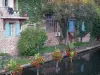 Châtillon-sur-Chalaronne - Façades de maisons au bord de la rivière Chalaronne et fleurs suspendues au-dessus de l'eau