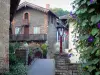 Châtillon-sur-Chalaronne - Décorations florales (fleurs), petit pont fleuri enjambant la Chalaronne et maisons de la cité médiévale