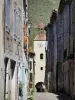 Châtillon-en-Diois - Facades of houses in rue des Rostangs with a view of the belfry