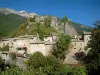 Châtillon-en-Diois - Maisons du village médiéval entourées d'arbres (vallée de la Drôme) et montagnes du Parc Naturel Régional du Vercors