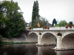 Chauvigny - Brücke mit Blumen überspannend den Fluss Vienne, Bäume