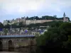 Chinon - Ponte que atravessa o rio (la Vienne), árvores, casas da cidade velha e castelo (fortaleza medieval) com vista para o conjunto