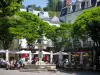 Chinon - Platz geschmückt mit einem Brunnen, Terrassen von Restaurants, Bäumen und Häusern