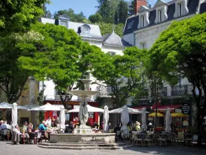 Chinon - Praça decorada com uma fonte, terraços de restaurantes, árvores e casas