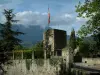 Cidade medieval de Conflans - Sarrazine torre e seu jardim, árvores, nuvens no céu e montanha ao fundo