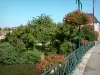 Civray - Puente sobre el río Charente flores, árboles y casas en la ciudad