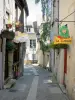 Clamecy - Ruelle de la vieille ville avec ses façades de maisons fleuries et ses enseignes de boutiques