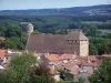 Cluny - Moulin tower, roof of the former Farinier (Cluny abbey), roofs of houses, trees, Ronde tower and forest in background