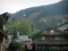 La Clusaz - Casas del pueblo (estación de esquí y en verano), funicular (ascensor) y el bosque en otoño