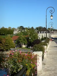Cognac - Brücke geschmückt mit Blumen und Strassenlaternen, Fluss Charente und Stadthäuser