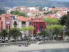 Collioure - Plage, palmiers et façades colorées de la ville