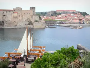 Collioure - Vermilion coast: café terrace in the foreground overlooking the sea, Royal Castle, Miradou fort, port, beach and old town of Collioure