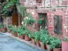 Collonges-ла-Руж - Горшки с цветами перед фасадом каменного дома из красного песчаника
