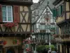 Colmar - Fachwerkhäuser mit Blumen (Geranien) und schöne Geschäftschilder aus Schmiedeeisen