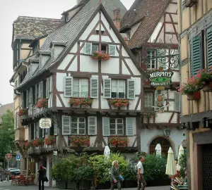 Colmar - Casas de madera con geranios (flores) y las señales de hierro forjado