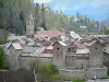 Colmars - Torre sineira da igreja de Saint-Martin, muralhas, porta do Savoy e telhados de casas da cidade; no alto vale de Verdon