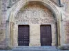 Conques - Westelijke portaal van de Romaanse abdijkerk Sainte-Foy gesneden timpaan afbeelding van het Laatste Oordeel