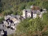 Conques - Vue sur le village médiéval aux toits de lauzes, entouré de verdure