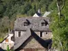 Conques - Maisons aux toits de lauzes et clocher de la chapelle Saint-Roch en arrière-plan