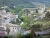 Corbières - Glockenturm der Abtei Sainte-Marie d'Orbieu, Fluss Orbieu gesäumt von Bäumen und Häuser des mittelalterlichen Ortes Lagrasse