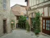 Cordes-sur-Ciel - Schuine geplaveide straat van de middeleeuwse stad, klimrozen (rozen) en een aantal huizen met houten zijkanten