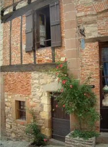 Cordes-sur-Ciel - Escalada rosas (rosas) e fachada de uma casa na cidade medieval, misturando tijolos, pedra e madeira