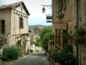 Cordes-sur-Ciel - Rua inclinada pavimentada e casas decoradas com flores e plantas