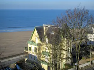 Côte Fleurie - Arbres et villa avec vue sur la plage de sable et la mer (la Manche)