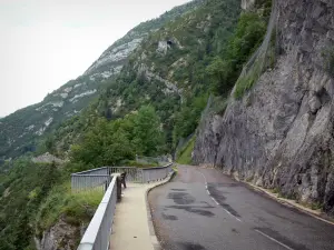 Desfiladeiro Flumen - Gargantas da estrada, mirante (ponto de vista), rochedos e árvores; no Parque Natural Regional do Haut-Jura