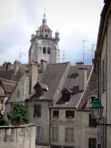 Dole - Campanario de la Catedral de Notre Dame y las fachadas de las casas en el casco antiguo
