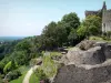 Domfront - Sitio de los restos del castillo con su jardín y su torre del homenaje en el fondo, en el Parque Regional Natural Normandía-Maine