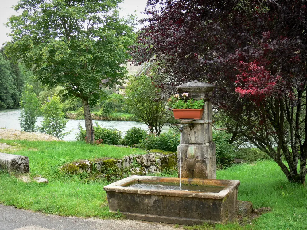 Guide of the Doubs - Mouthier-Haute-Pierre - Fountain and trees by the River Loue