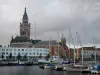 Dunkirk - Bell tower of the town hall dominating buildings and houses of the city and the port of the Commerce Basin (marina) with its boats and its sailboats