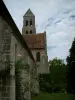 Église de Morienval - Église abbatiale avec l'une de ses tours, un rosier (roses) et des arbres