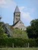 Église de Saint-Menoux - Clocher de l'église romane Saint-Menoux et arbres