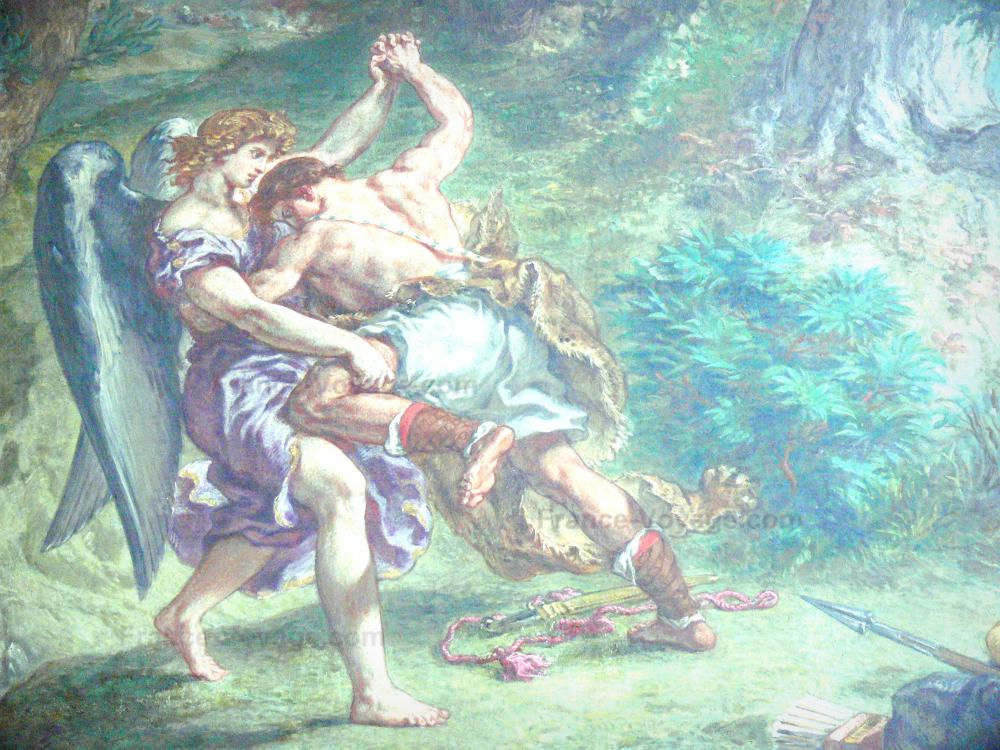 Église Saint-Sulpice - Intérieur de l'église : Lutte de Jacob avec l'ange, peinture d'Eugène Delacroix dans la chapelle des Saints-Anges