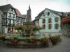 Eguisheim - Verharde plein met een fontein en bloemen met houten huizen met ramen versierd met geraniums (bloemen)