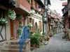 Eguisheim - Calle pavimentada, con una pequeña escalera y casas de madera adornada con flores, plantas y geranios