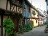 Eguisheim - Calle pavimentada con coloridas casas de madera adornada con plantas, flores y geranios