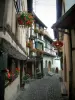 Eguisheim - Geplaveide straat met vakwerkhuizen met geranium bloemen