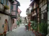 Eguisheim - Carril pavimentado y plantado con casas de madera adornadas con plantas, flores y geranios