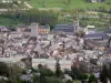 Embrun - Campanile di Notre-Dame-du-Réal, Brune torre (ex arcivescovi dungeon) e le case della città vecchia, viale alberato del fiume Durance (Durance valle)