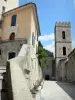 Entrevaux - Church with crenellations of the Notre-Dame-de-l'Assomption cathedral and houses of the medieval village