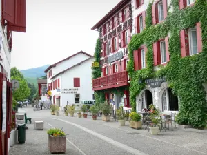 Espelette - Rue fleurie et façades de maisons du village basque