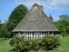 Estrada Cottage - Casa de enxaimel com telhado de palha, decorada com roseiras em flor; em Vieux-Port, no Parque Natural Regional dos Loops do Sena Norman