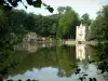 Étangs de Commelles - Branches d'un arbre, plan d'eau, château de la Reine Blanche, maisons et forêt