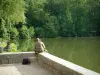 Étangs de Commelles - Promeneur assis sur un muret et observant le plan d'eau avec des oiseaux aquatiques, arbres de la forêt